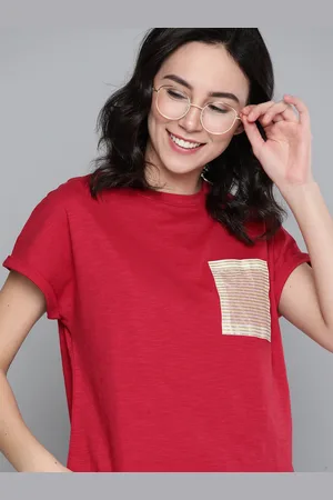 Mast & Harbour Women Red Solid Cotton Round Neck T-shirt