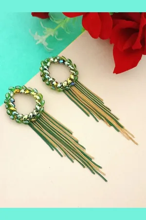 DIVASTRI Gold-Plated Artificial Stones Studded Tasselled Contemporary shaped Drop Earrings