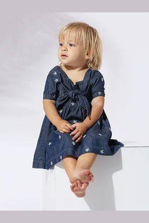My Milestones Girls Floral Embroidered Tie Knot Detail Denim Fit & Flare Dress