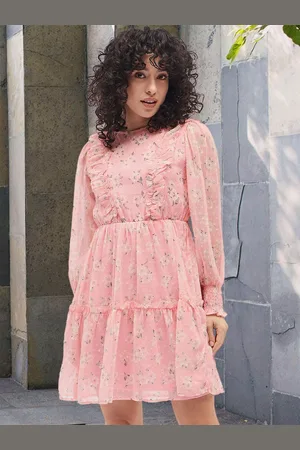 DressBerry Floral Print Puff Sleeve Chiffon Fit & Flare Mini Dress