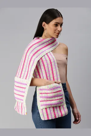 Magic Needles Women White & Pink Striped Handmade Muffler