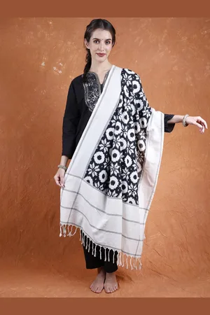 Exotic India White Black Pure Cotton Double Ikat Pochampally Dupatta