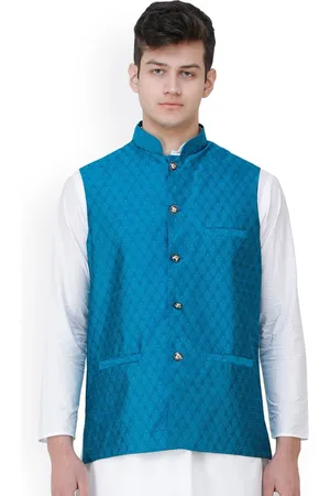 Exotic India Blue Sapphire Wedding Waistcoat with Jacquard Woven Bootis and Front Pockets