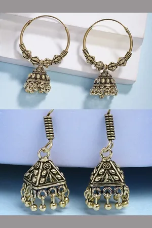Anouk Women Set of 2 Gold Plated Oxidised Jhumka Earrings