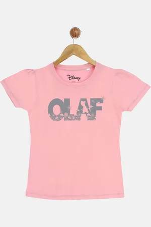 YK Girls Pink Frozen Olaf Print Round Neck Puff Sleeves T-shirt