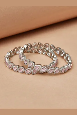 Voylla Set Of 2 Rhodium-Plated & Pink Stone-Studded Bangle