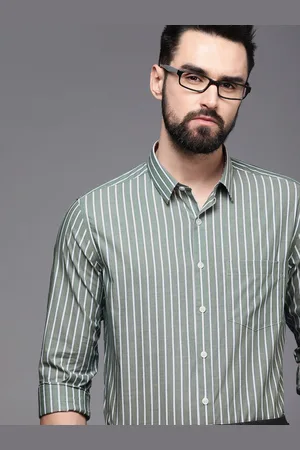 Louis Philippe Sage Green & White Striped Slim Fit Stretchable Formal Shirt