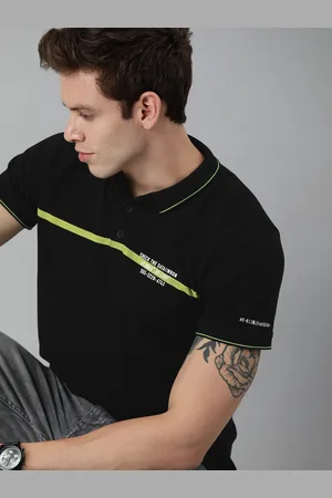 WROGN Men Black Printed Polo Collar Pure Cotton T-shirt