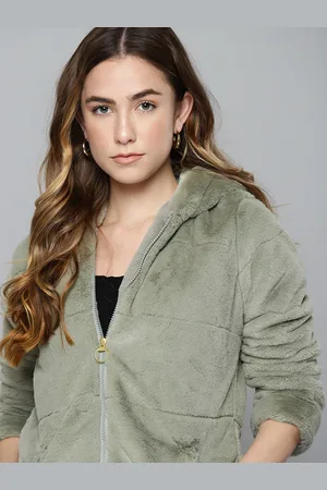 Chemistry Women Green Solid Hooded Faux Plush Jacket