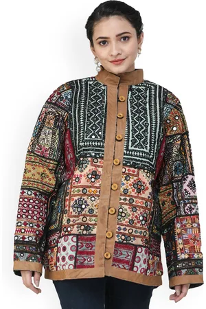 Exotic India Multicolored Hand-Embroidered Patchworks Pure Cotton Jacket and Leather Trims