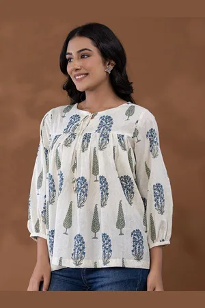 Yufta Women Ethnic Motifs Printed Tie-Up Neck Cotton Top