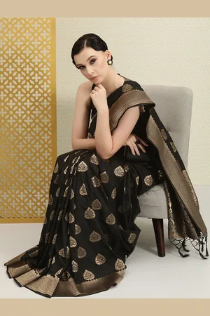 House of Pataudi Black & Gold-Toned Ethnic Motifs Zari Silk Blend Banarasi Saree