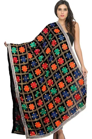 Exotic India Caviar Black Phulkari Chiffon Dupatta with Embroidery All-Over