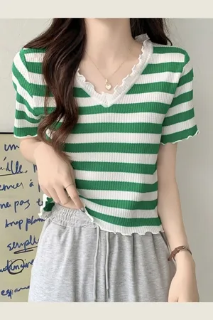 HERE&NOW Women V-Neck Short Sleeves Horizontal Stripes Top