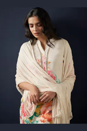 Indo Era Floral Printed Beads and Stones Linen Straight Kurta with Trousers & Dupatta