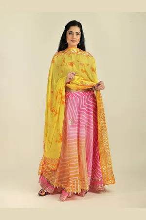 Exotic India Lemonzest Tie & Dye Digital Print Bemberg Extra-Wide Dupatta With Tassels