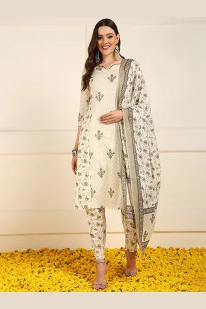 Ahika Ethnic Motifs Printed Thread Work Pure Cotton Straight Kurta With Trousers & Dupatta