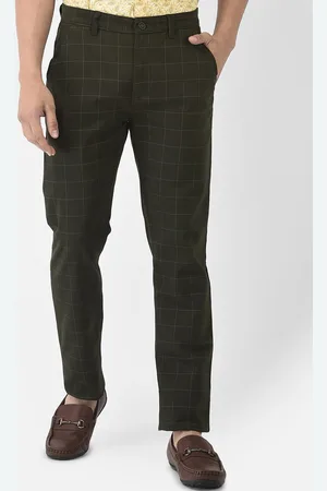 Crimsoune Club Men Olive Green Checked Cotton Relaxed Trousers