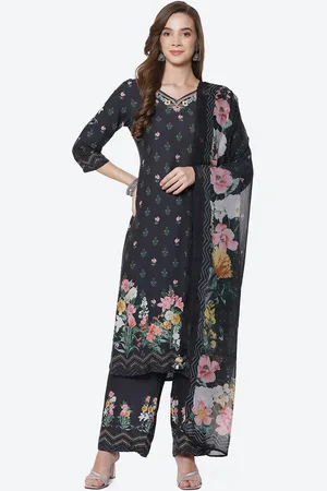 Biba Women Black Floral Printed Kurta with Palazzos & With Dupatta
