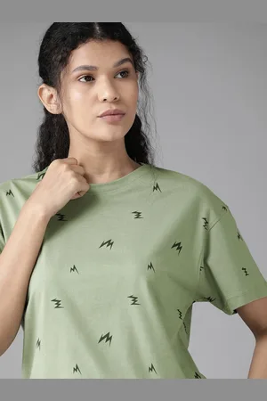 Roadster Women Green Printed Round Neck Relaxed Fit Cotton T-shirt
