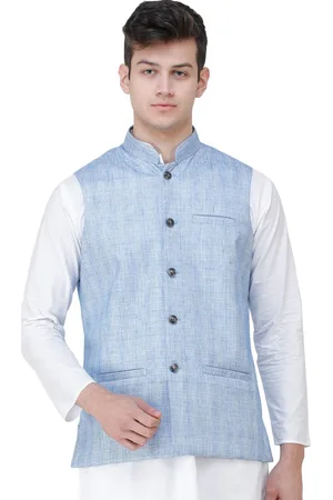 Exotic India Placid Blue Double Check Pattern Nehru Jacket with Front Pockets