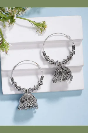 Anouk Women Set of 2 Silver Plated Traditional Oxidized Jhumka Earrings