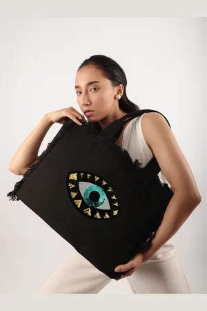 earthbags Evil Eye Fringe Tote Bag Black