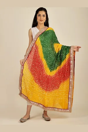 Exotic India Multicolor Tie-Dye Bandhani Silk Dupatta with Zari Patch Border & Beadwork