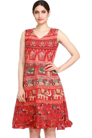Exotic India Poinsettia Red Elephants and Camels Printed Pure Cotton Summer Dress