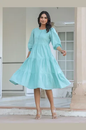 Janasya Women Blue Pure Cotton Solid Tiered Fit and Flare Dress
