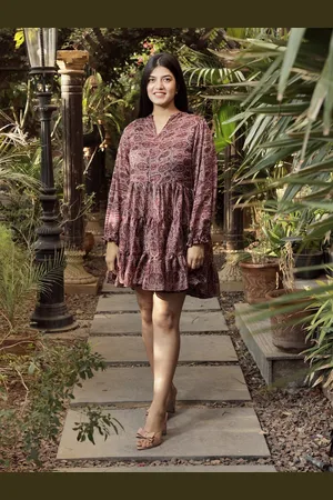 Exotic India Vintage Pure Silk Frill Misty Rose Dress