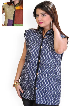 Exotic India Patchwork Bagdoo Print Reversible Pure Cotton Jacket