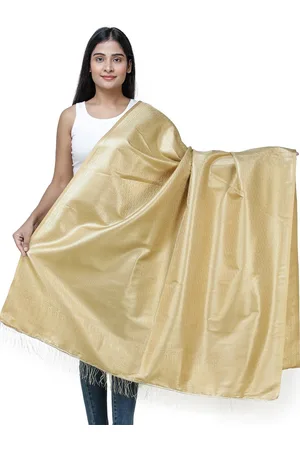 Exotic India Gold Banarasi Brocaded Silk Dupatta With Floral Weave in Zari Thread