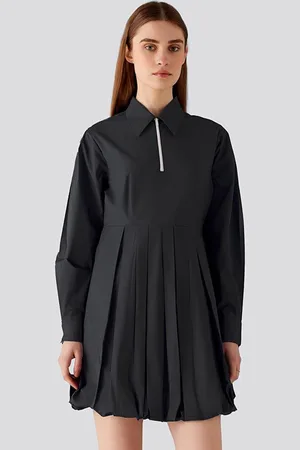 Muvazo Women Shirt Collar Plated Cotton Fit & Flare Dress