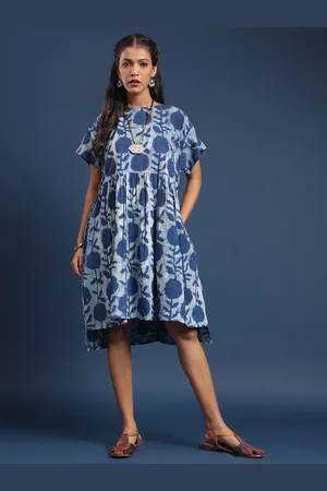 Taavi Indigo Printed Pure Cotton Round Neck Dress