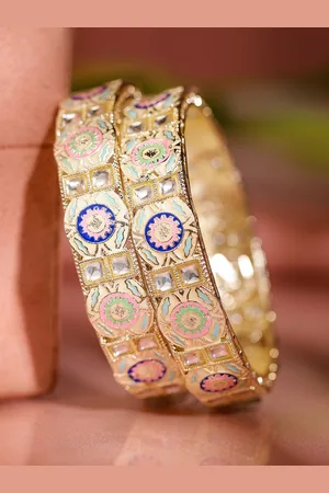Rubans Set of 2 18K Gold Plated Multicolor Enamel & Kundan Stone Studed Bangle