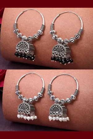 Anouk Women Set Of 2 Oxidised Silver Plated Artificial Beads Jhumka Earrings