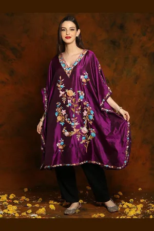 Exotic India Violet Self Shine Silk Short Kaftan with Floral Aari Embroidery
