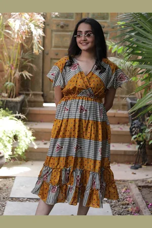 Exotic India Mustard Assorted Vintage Pure Silk Summer Dress