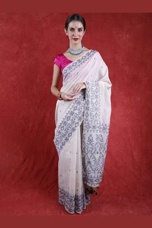 Exotic India Pure Cotton Authentic Jamdani Saree With Blouse Piece