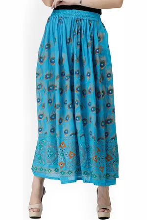 Exotic India Rayon Vivid Blue Long Skirt with Printed Peacock Feathers