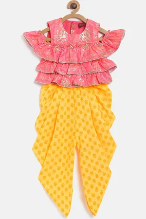 Twisha Girls Pink & Yellow Printed Top with Dhoti Pants