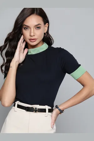 Chemistry Women Navy Blue Pure Cotton High Neck T-shirt