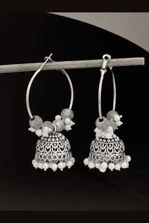 ATIBELLE Silver-Plated Artificial Stones Beaded Contemporary Shaped Jhumkas