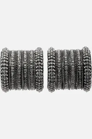 Anouk Set Of 6 Silver-Toned Silver-Plated Oxidised Stone-Studded Bangles