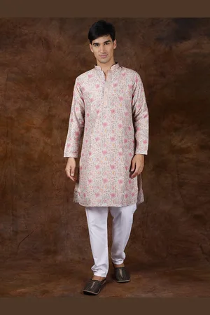 Exotic India Rosebloom Floral Printed Kurta Pajama Set With Gota Patti on Neck