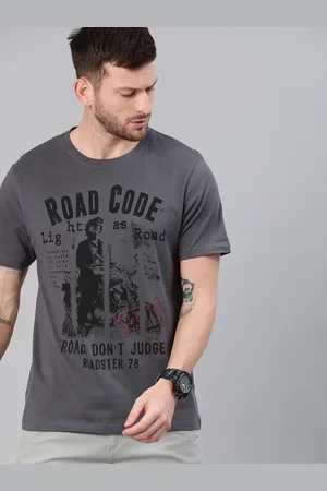 Roadster Men Grey Printed Round Neck Pure Cotton T-shirt