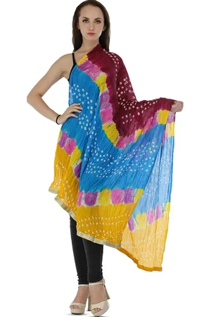Exotic India Bandhani Multicolored Tie-Dye Crinkled Silk Dupatta with Gota Border