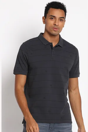 Lee Men Grey Self-striped Polo Collar Cotton T-shirt