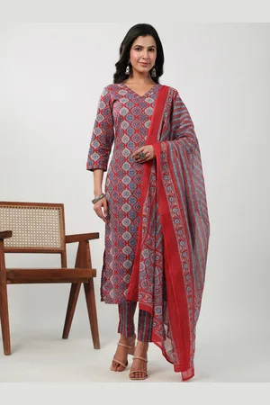 Janasya Red Ethnic Motifs Printed V-Neck Pure Cotton Straight Kurta With Trouser & Dupatta